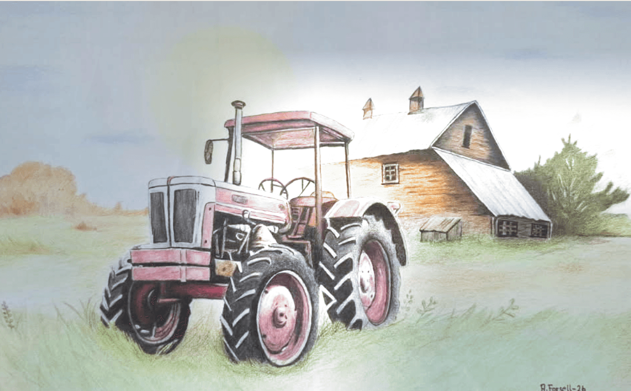 Handritad illustration av en gammal traktor framför gårdens lada, JK:s Ekoodling